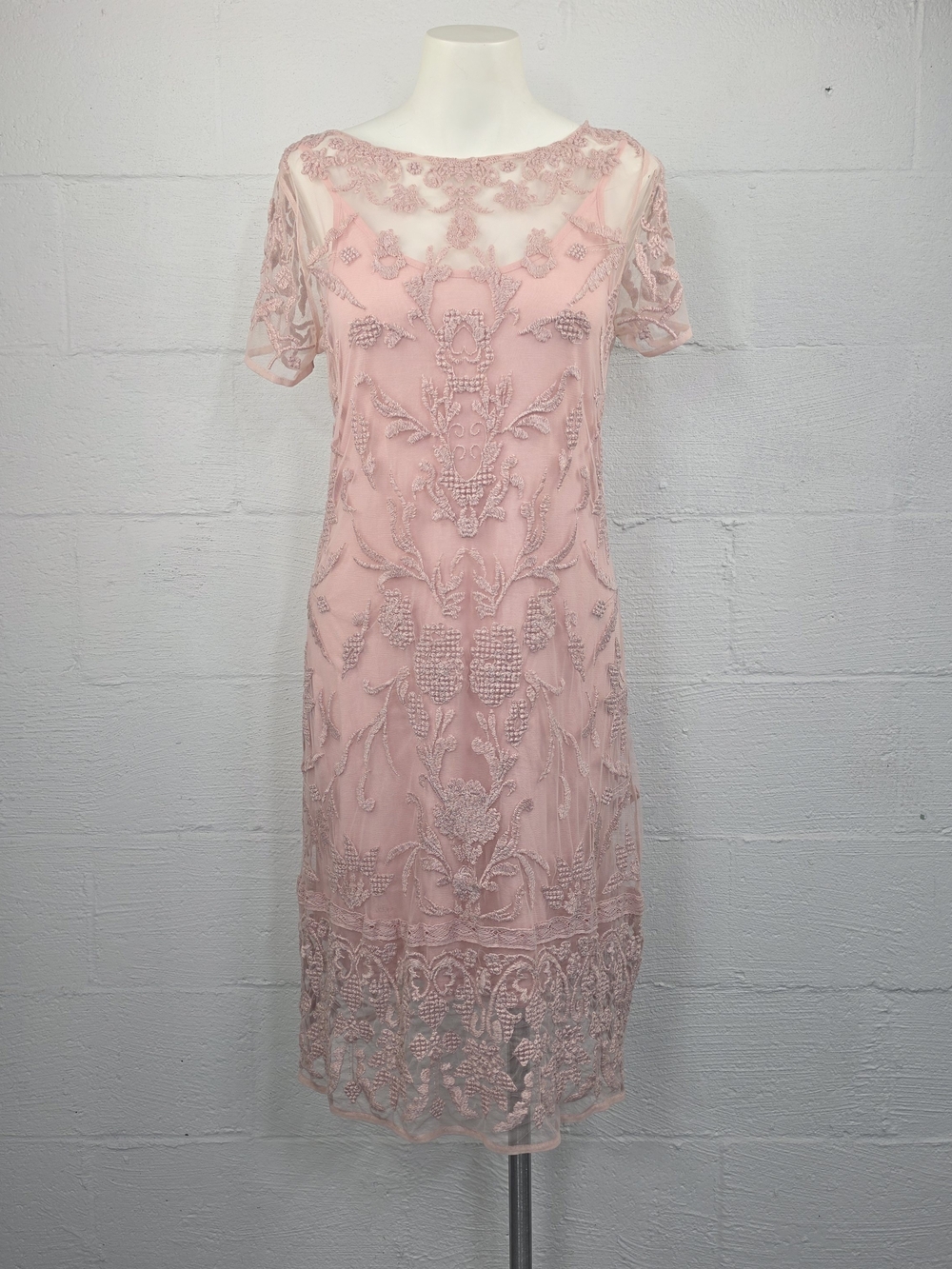 Sundance Pink Embroidered Mesh Overlay Midi Dress